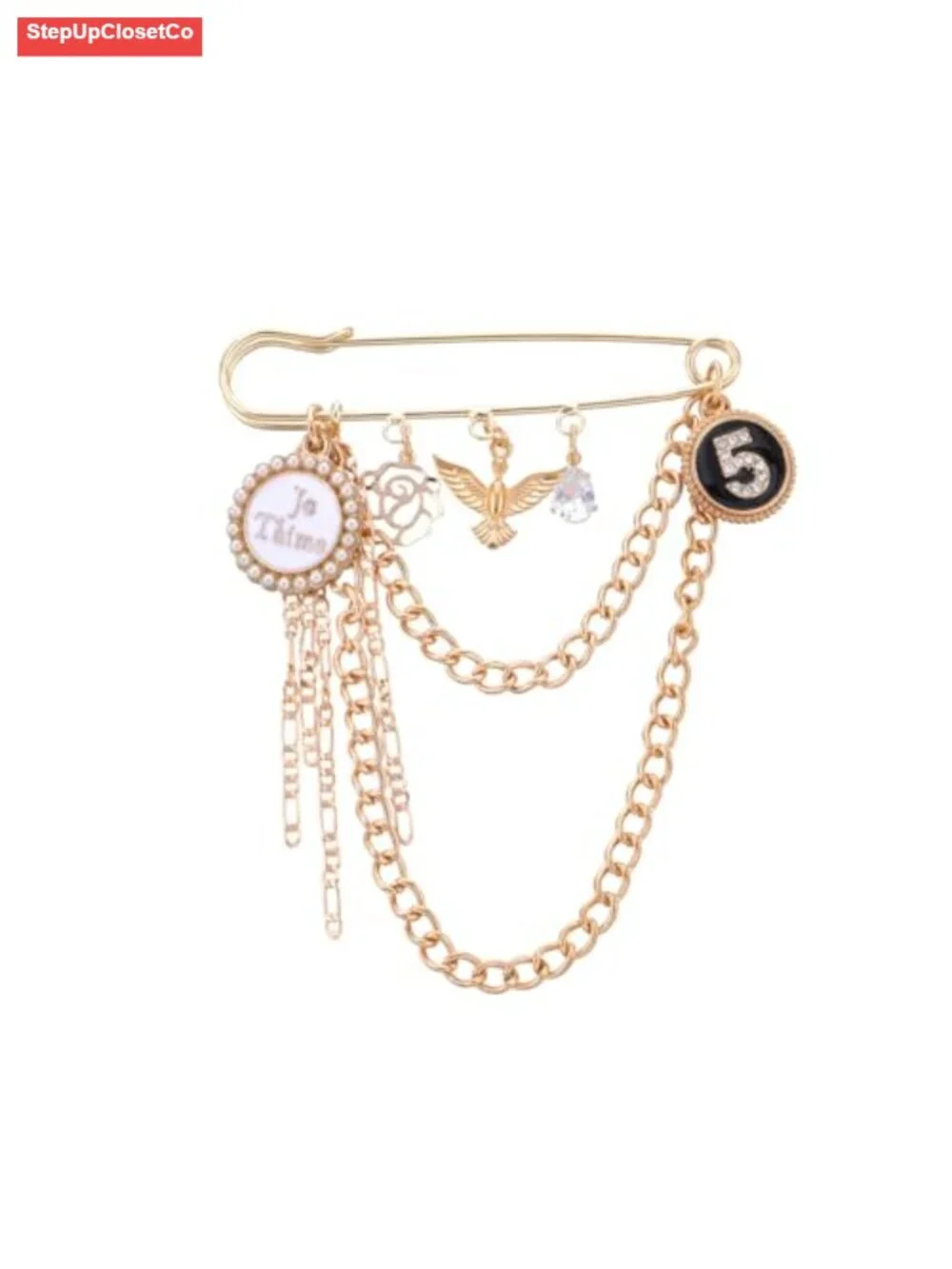 Gold Chain Brooch Star Moon Pearl Crystal Rhinestone Pin for Sweater Shawl